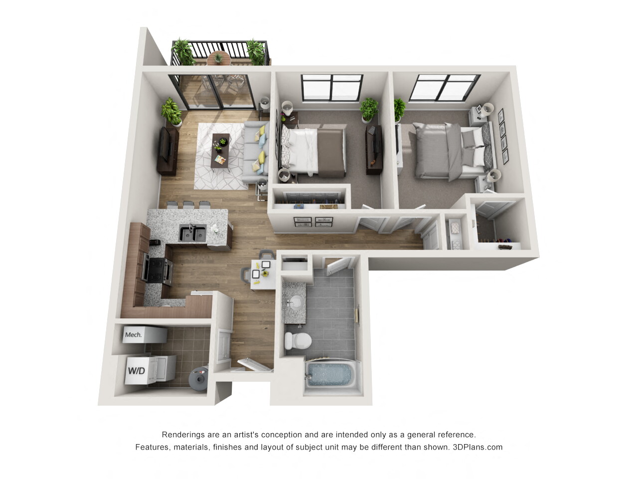 Floor plan for 2 beds, 1 bath, 925 sqft